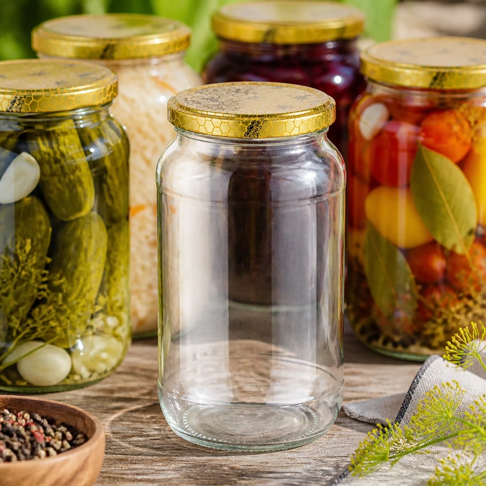 1062ml Bocal rond vide entre les bocaux remplis de cornichons Légumes Couvercle en nid d'abeille doré Conserves