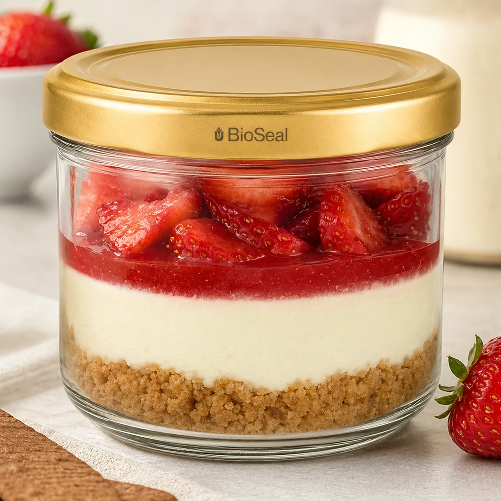 260ml Verre conique avec couvercle BioSeal or UNiTWIST UNiTWIST Verre renversé 260ml avec dessert stratifié à la fraise - couvercle TO82 BioSeal doré pour la conservation des desserts