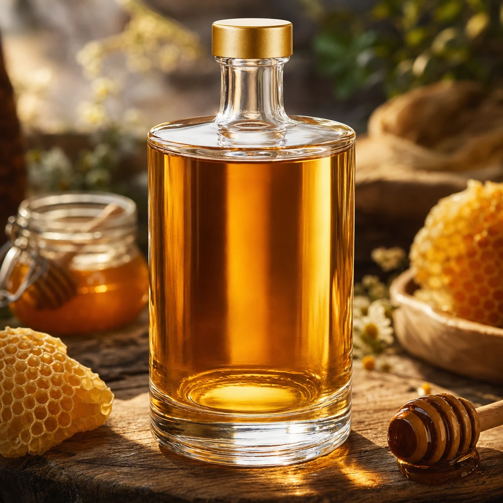 Bouteille en verre 500 ml « Sam » + bouchon à vis doré UNiTWIST® Glasflasche Sam 500ml mit Honig befüllt rustikale Küchendeko Bienenwaben Honiglöffel UNiTWIST gold Verschluss