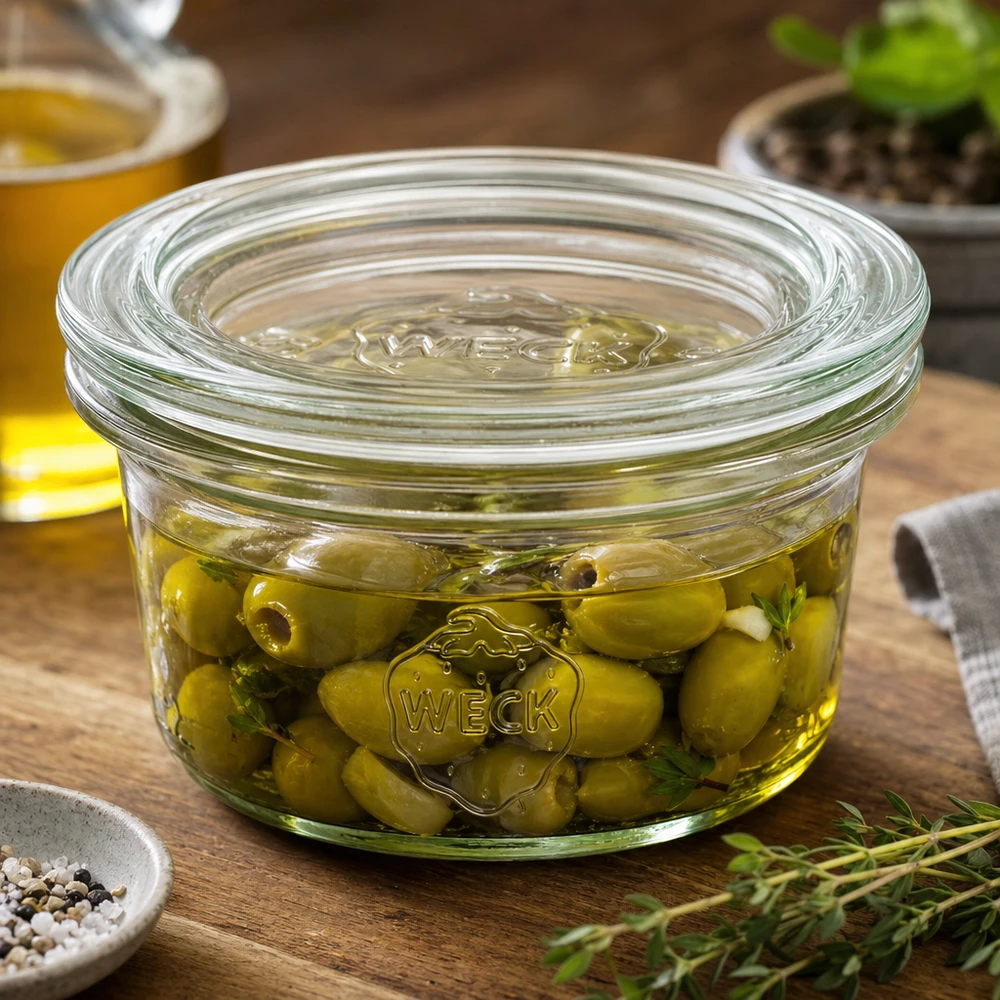 WECK Verre renversé 50ml avec olives marinées dans de l'huile aux herbes à côté d'épices sur fond en bois