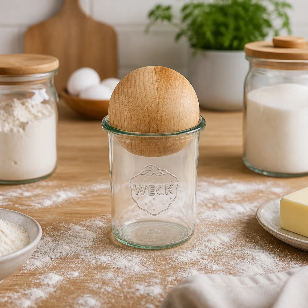WECK Verre renversé RR60 160ml avec couvercle en forme de boule de hêtre, placé dans la cuisine entre les pots de farine et les ingrédients de cuisson.