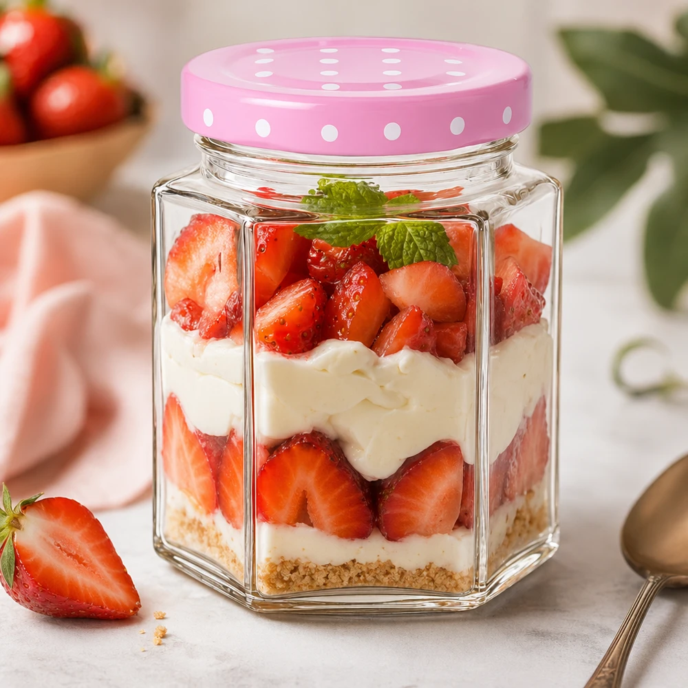 Pot hexagonal de 196 ml + couvercle BasicSeal rose à pois UNiTWIST 196ml Hexaglas rose couvercle à points rempli de dessert à la fraise et à la crème montre une utilisation polyvalente comme verre à dessert