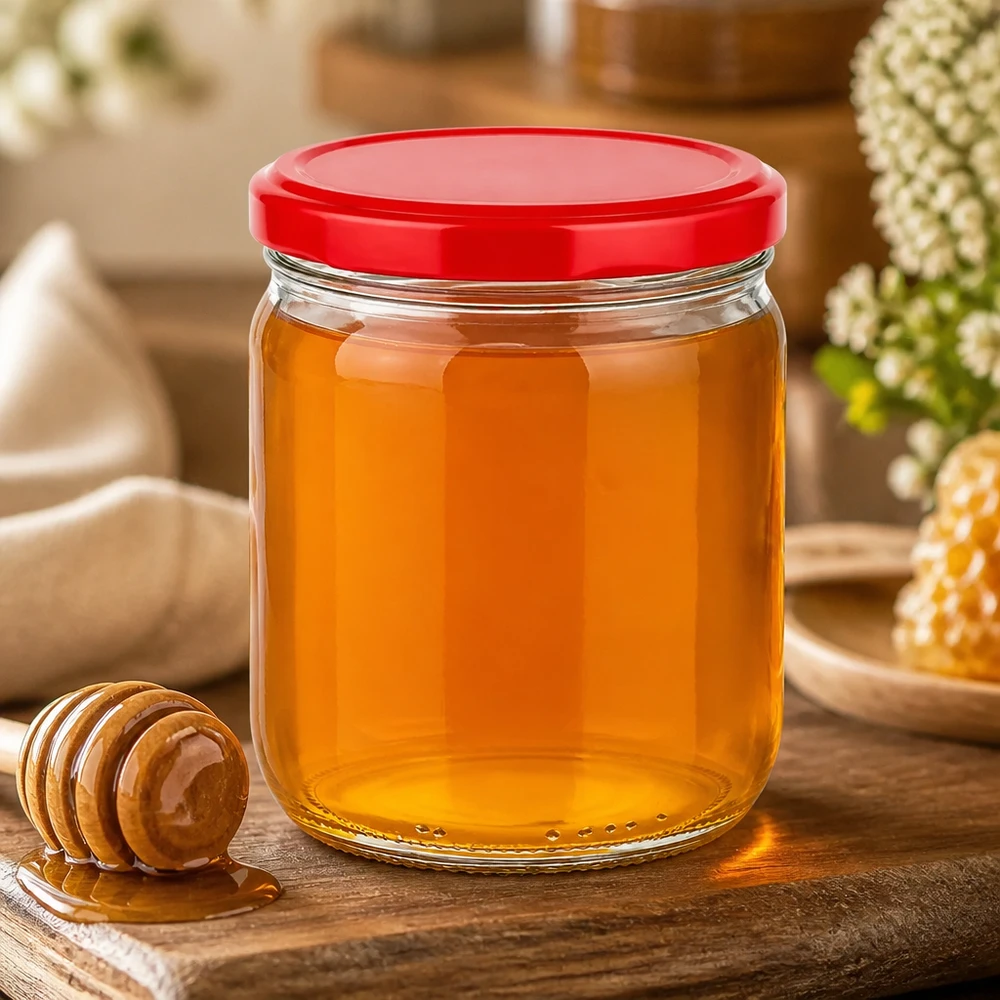 425ml Verre rond avec couvercle BasicSeal rouge UNiTWIST 425ml pot rond avec couvercle rouge BasicSeal rempli de miel - UNiTWIST pot de conservation avec cuillère à miel sur table en bois