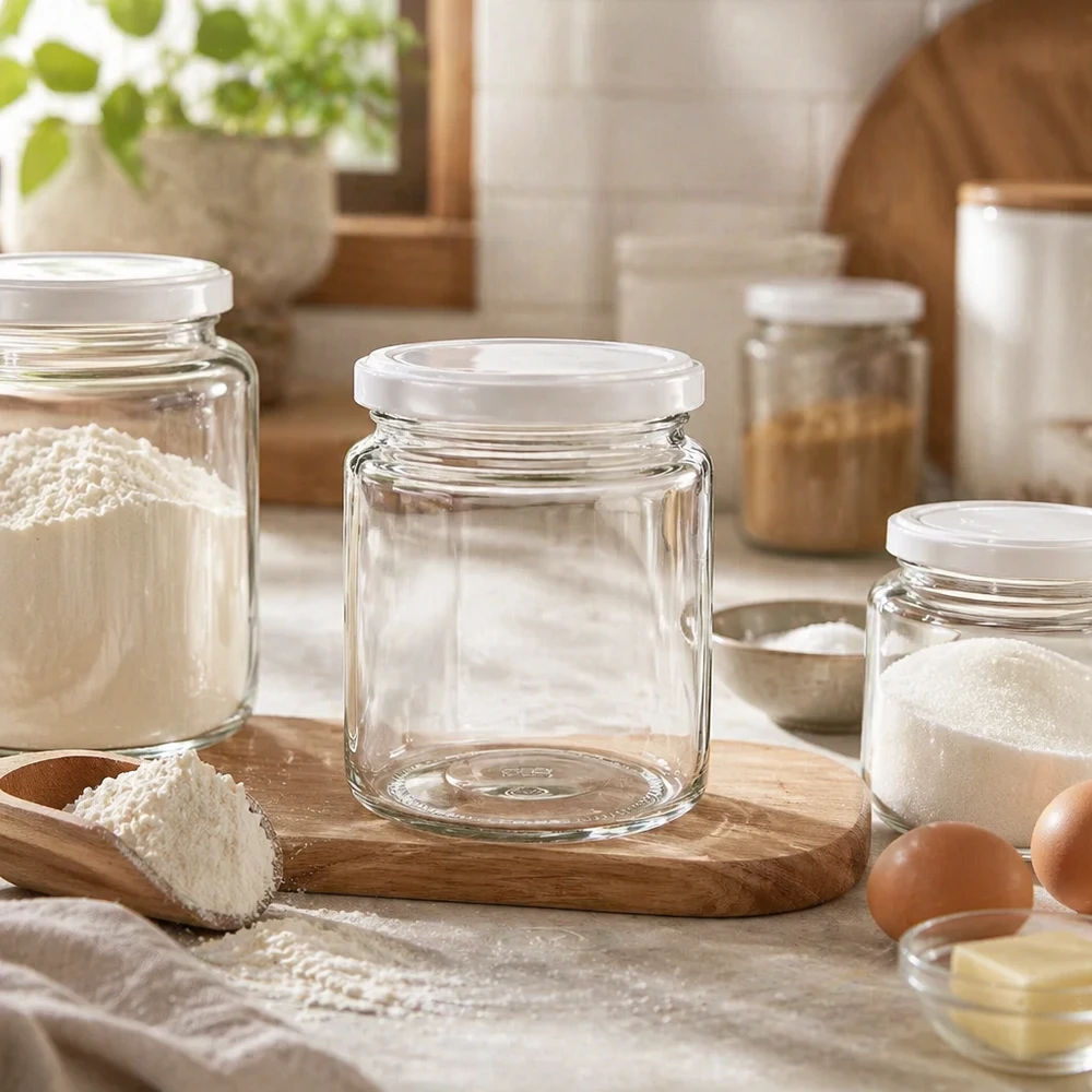 Pot à miel 350 g avec couvercle blanc BasicSeal UNiTWIST Pot à miel vide de 250 ml avec couvercle blanc BasicSeal sur planche en bois dans une cuisine rustique entre les bocaux de stockage