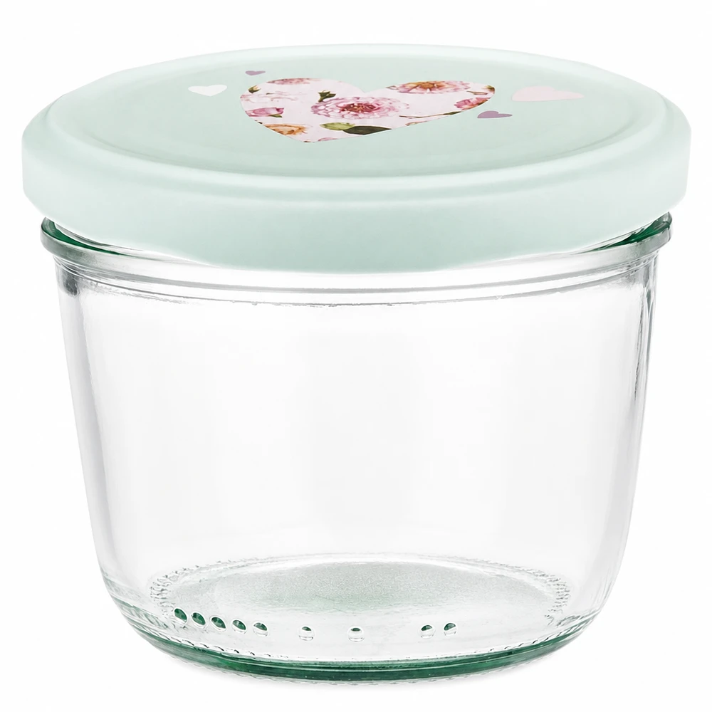 Pot de 230ml avec couvercle BasicSeal en menthe avec motif coeur, pot vide pour confitures et conserves