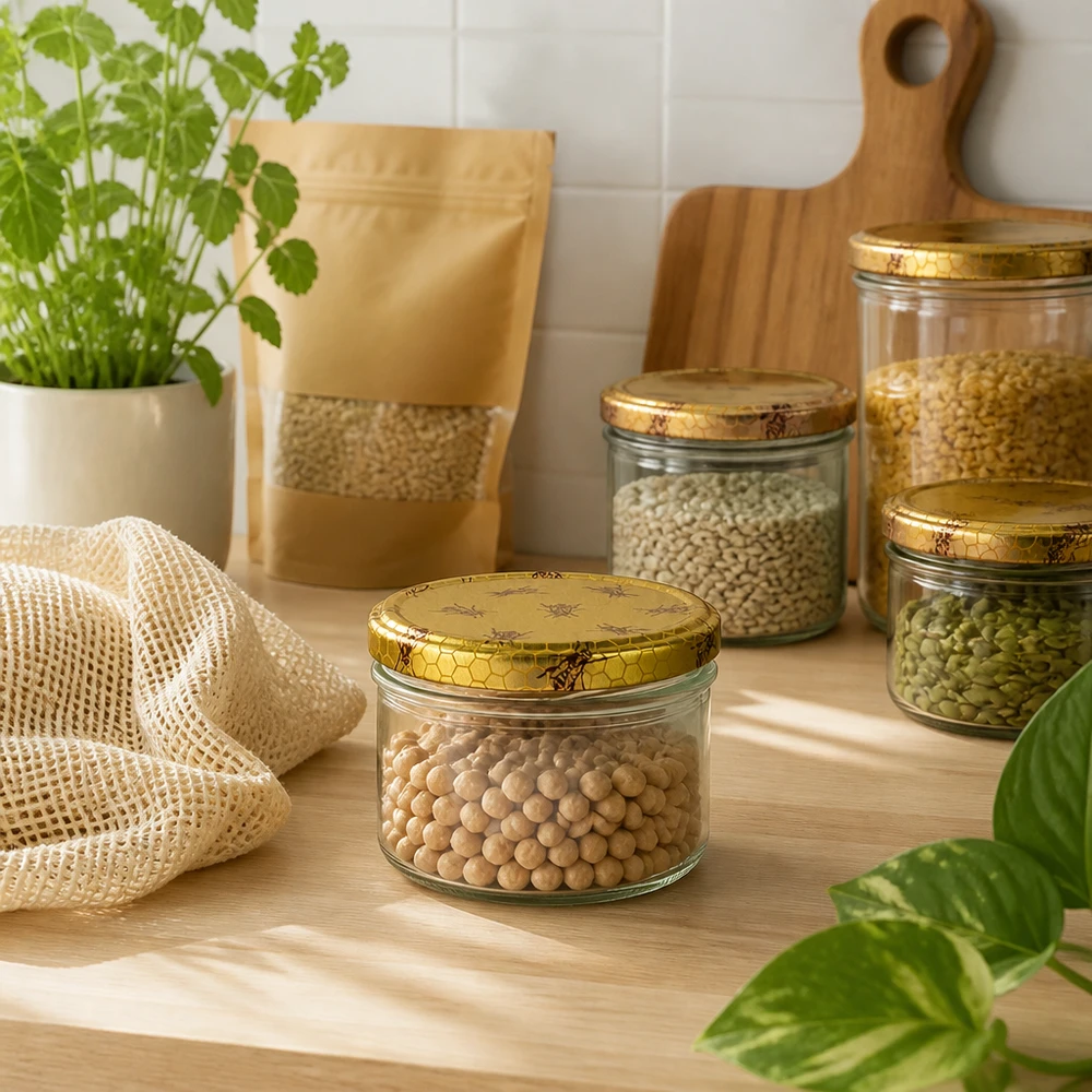 225ml verre renversé + couvercle BasicSeal nid d'abeille UN. 225ml Ensemble de bocaux en verre renversés Couvercle en nid d'abeille rempli de légumineuses Céréales Boîtes à provisions Cuisine Zéro déchet Conservation