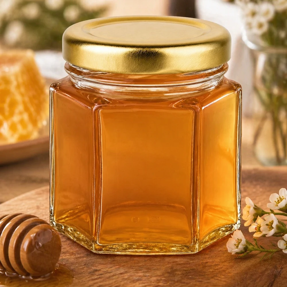 Pot à miel 60 g avec couvercle doré BasicSeal UNiTWIST 60g Honigglas gefüllt mit goldenem Honig neben Holzlöffel und Blüten auf rustikalem Holztisch dekoriert