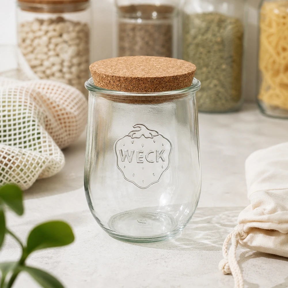WECK Pot de conserve RR100 1062ml avec couvercle en liège dans la cuisine durable Zero-Waste entre les conteneurs de stockage