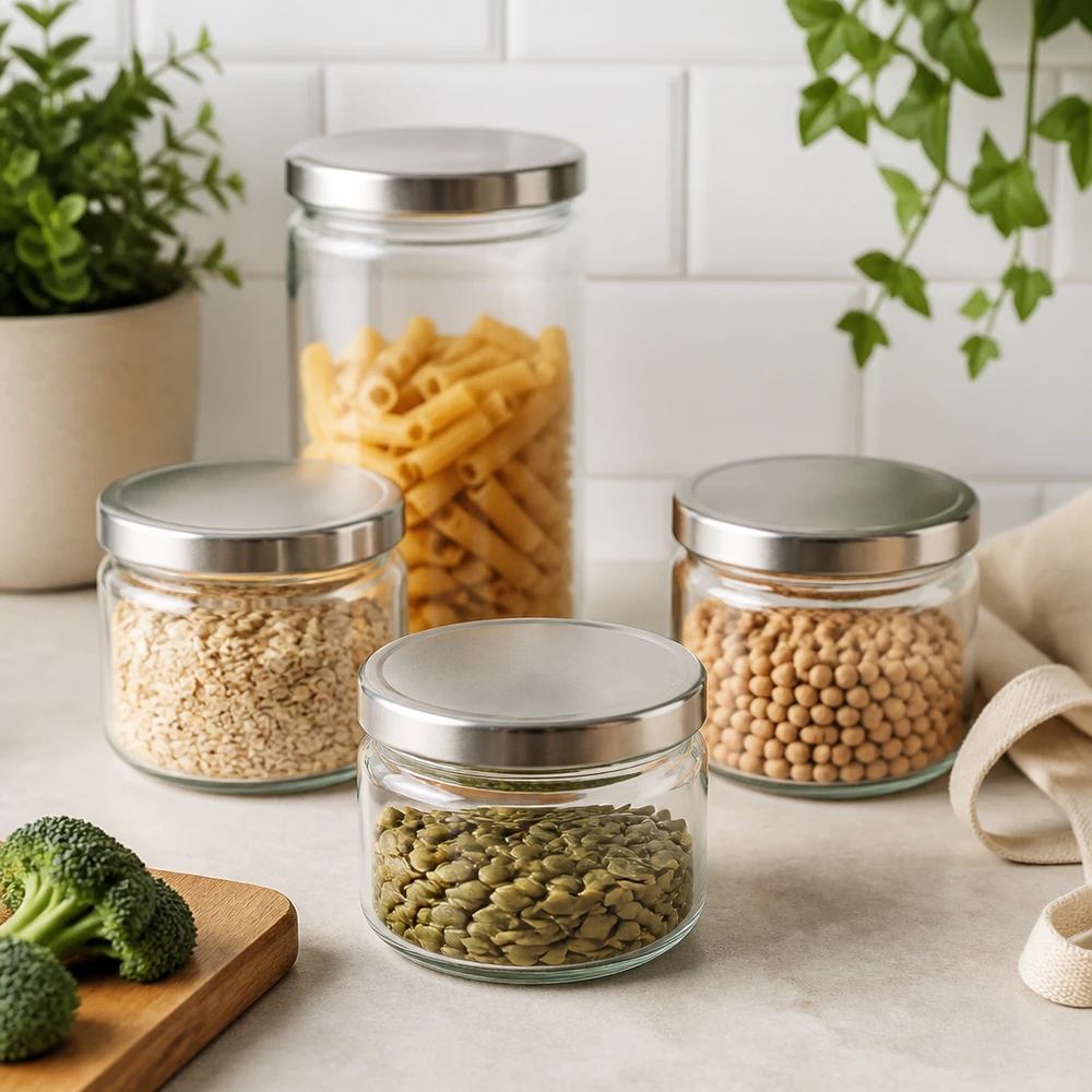 Bocal rond de 330ml avec couvercle BasicSeal dans une scène de cuisine moderne avec des pâtes lentilles pois chiches graines de potiron Set de bocaux à provisions