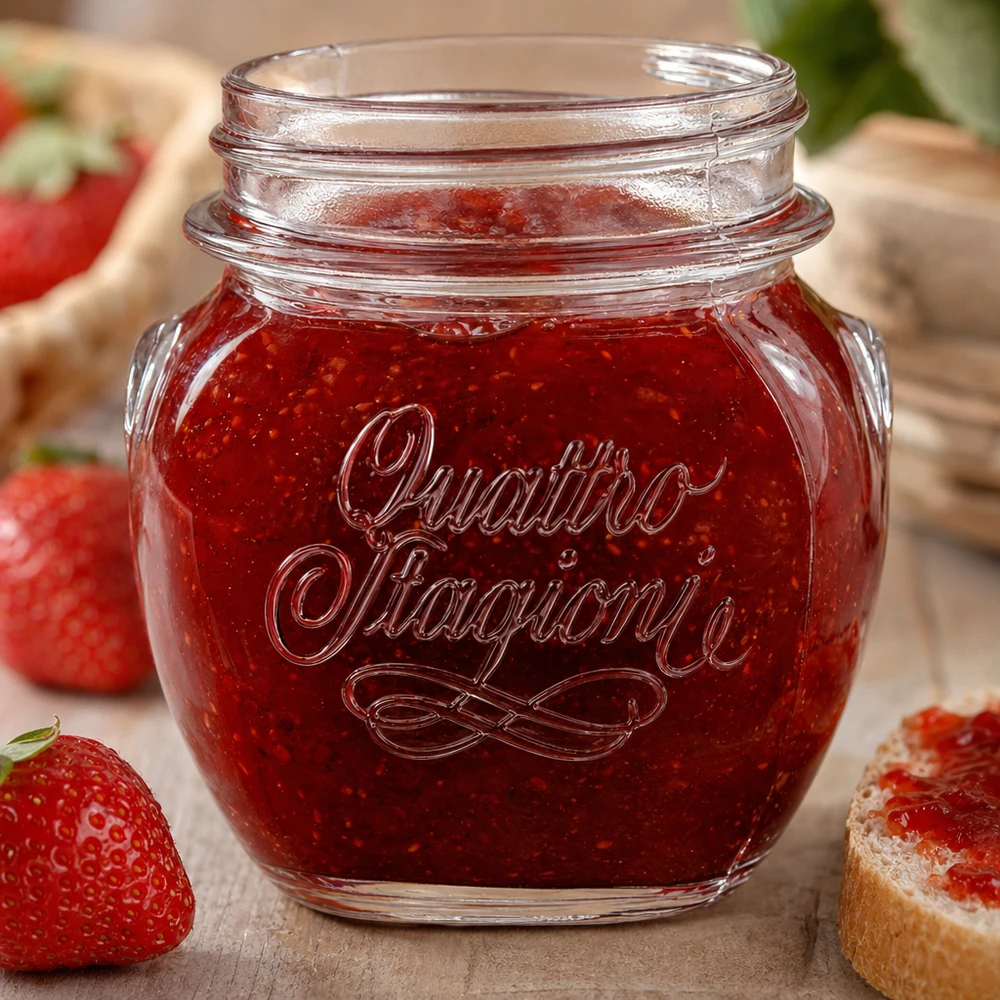 300ml Verre rond "Quattro Stagioni" QS70mm 300ml Quattro Stagioni Pot ménager rempli de confiture de fraises à côté de fraises fraîches et de pain sur une table en bois