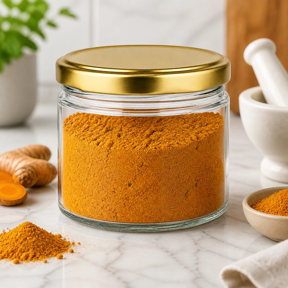 540ml Verre rond avec couvercle BasicSeal or UNiTWIST 540ml verre rond avec couvercle BasicSeal doré rempli de poudre de curcuma sur plan de travail en marbre Cuisines Ambiente
