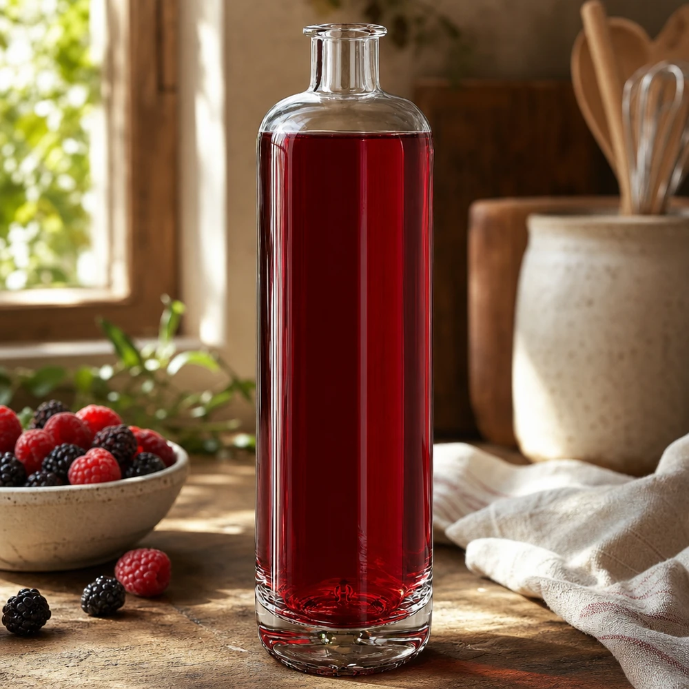 Bouteille en verre 700 ml « Ella » sans bouchon UNiTWIST® Bouteille en verre Ella de 700 ml remplie de jus de baies rouges à côté de framboises et de mûres fraîches dans une cuisine rustique