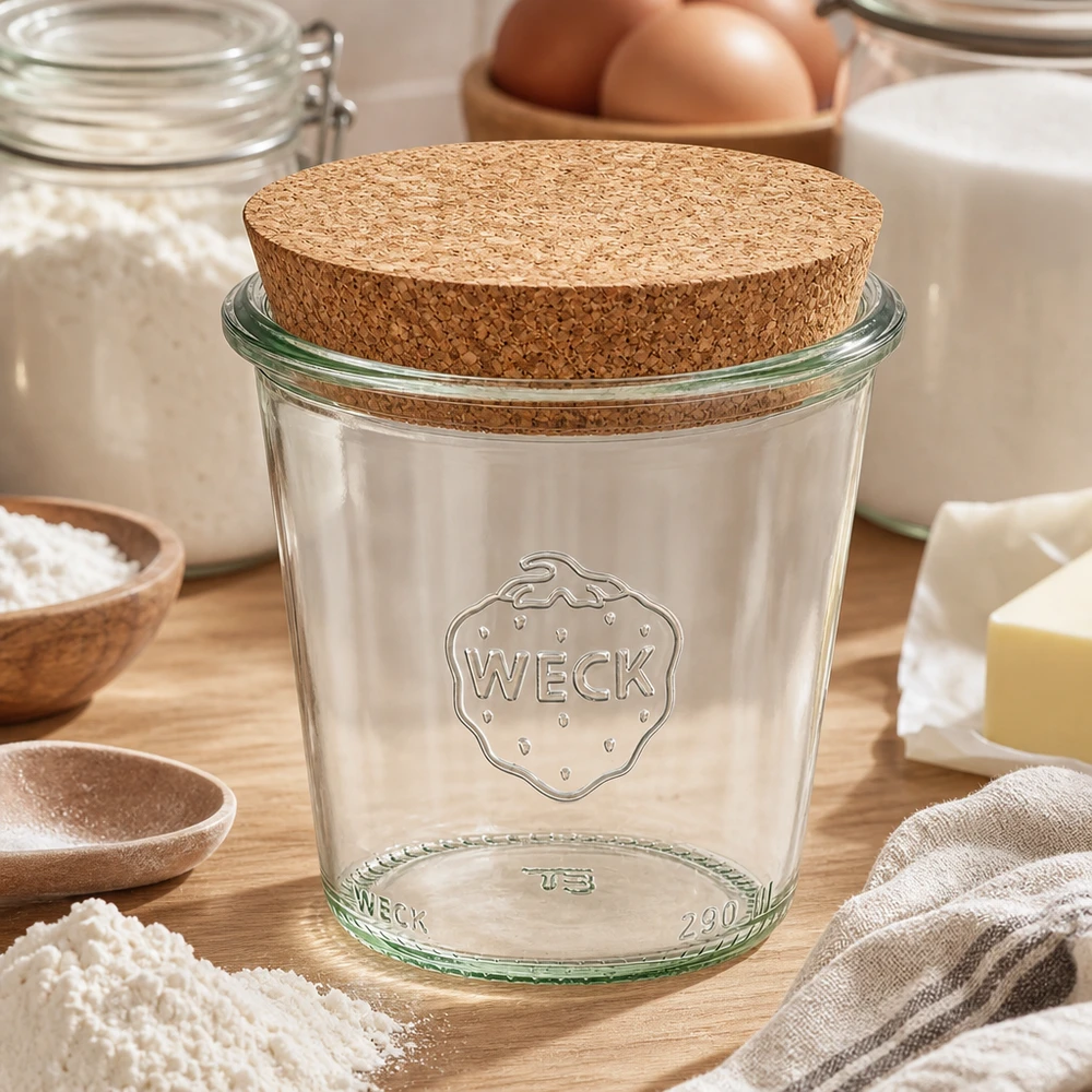 WECK Verre renversé 290ml RR80 avec couvercle en liège dans la cuisine entouré d'ingrédients de boulangerie farine œufs et lait sur un fond en bois