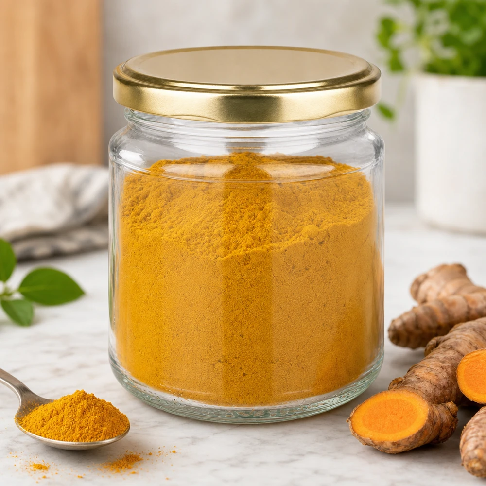 Bocal rond de 212 ml UNiTWIST avec couvercle doré rempli de poudre de curcuma à côté de racines de curcuma fraîches sur le comptoir de la cuisine