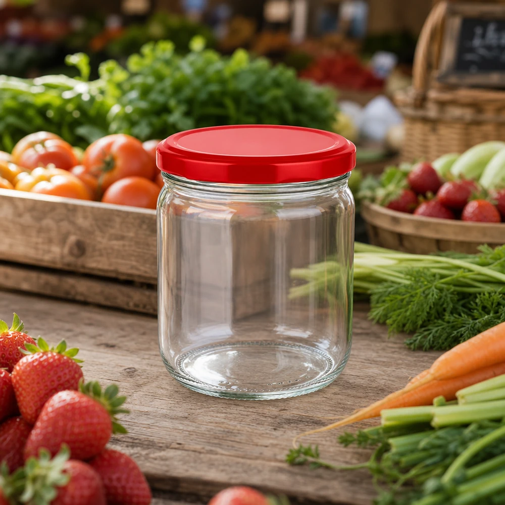 425ml Verre rond avec couvercle BasicSeal rouge UNiTWIST 425ml pot rond avec couvercle rouge UNiTWIST entre les légumes frais - BasicSeal pot de conservation pour fruits et légumes