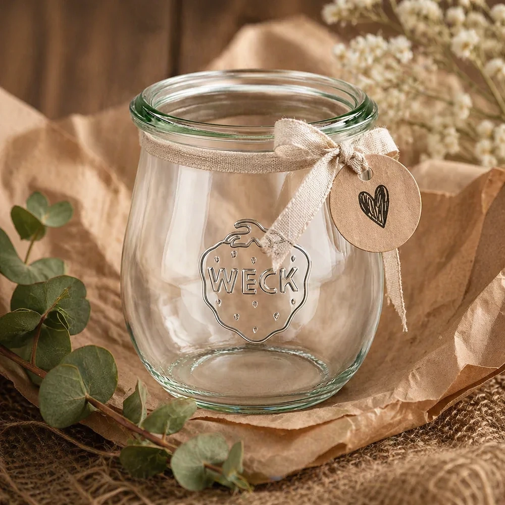 220ml bocal tulipe WECK RR60 WECK Pot tulipe 220ml RR60 décoratif avec ruban et pendentif sur décoration naturelle en eucalyptus