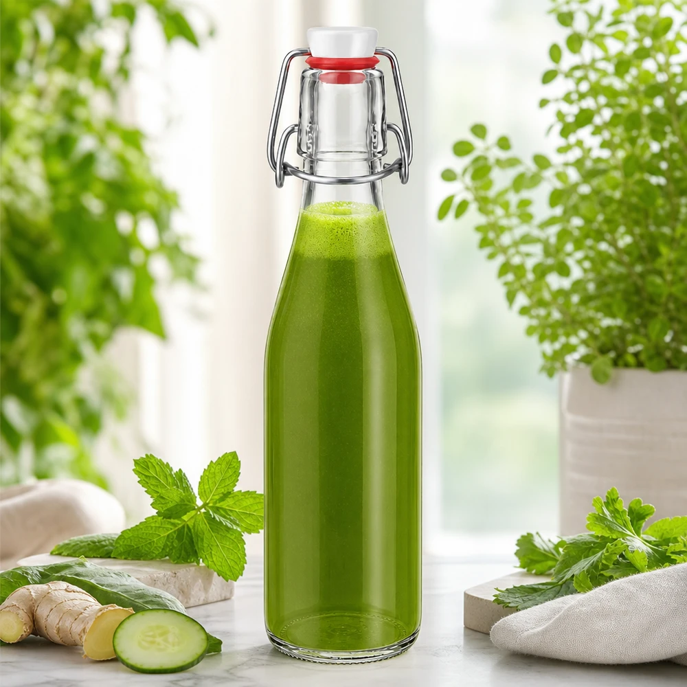 Bouteille en verre de 250ml avec bouchon à étrier remplie de smoothie vert, gingembre concombre menthe herbes ingrédients naturels