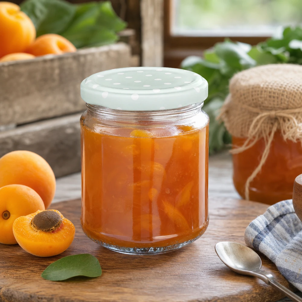 Pot rond 212 ml + couvercle BasicSeal pois menthe UNiTWIST 212ml pot rond avec confiture d'abricots, menthe BasicSeal couvercle points, pot de conserve sur table rustique en bois avec abricots