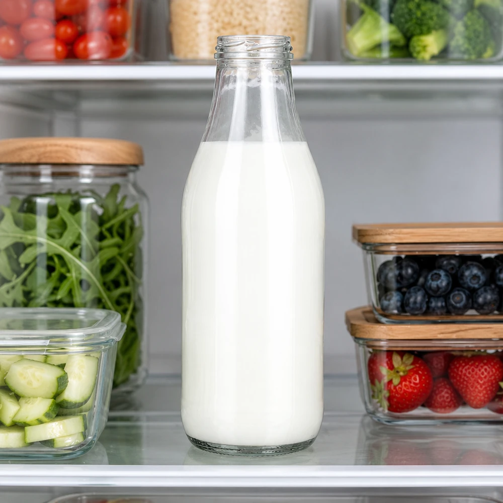 1000ml Bouteille sans bouchon (TO48) UNiTWIST Milchflasche 1000ml Glas TO48 UNiTWIST mit frischer Milch im Kühlschrank neben Obst und Gemüse Kücheneinsatz