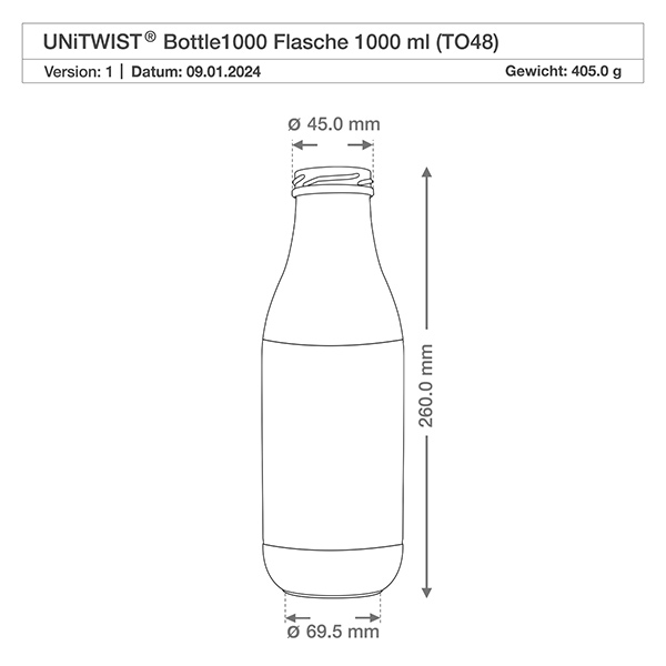 1000ml Bouteille sans bouchon (TO48) UNiTWIST Dessin technique Bouteille en verre 1000ml UNiTWIST avec dimensions 260mm hauteur 45mm ouverture du col filetage TO48