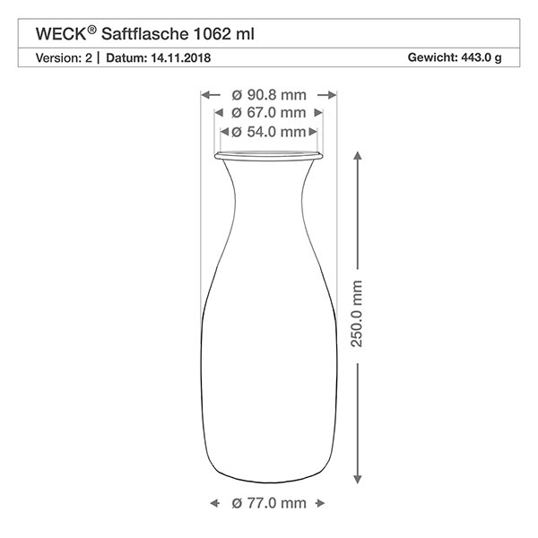 Bouteille à jus WECK RR60 de 1 062 ml Dessin technique de la bouteille à jus WECK 1062ml avec dimensions et poids pour le couvercle fraîcheur RR60