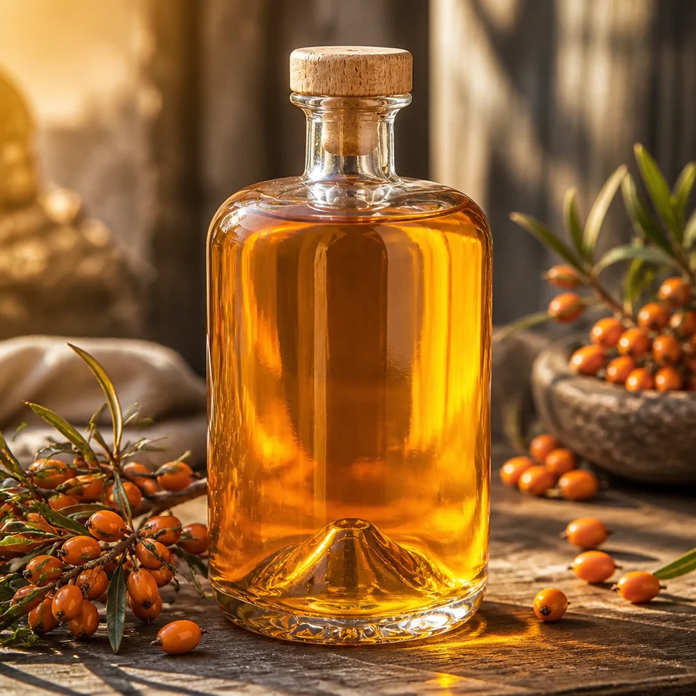 Flacon à pharmacie 700 ml « Sofia » avec bouchon en bois UNiTWIST® Bouteille en verre Sofia de 700 ml avec bouchon en liège remplie d'huile ambrée à côté de baies d'argousier
