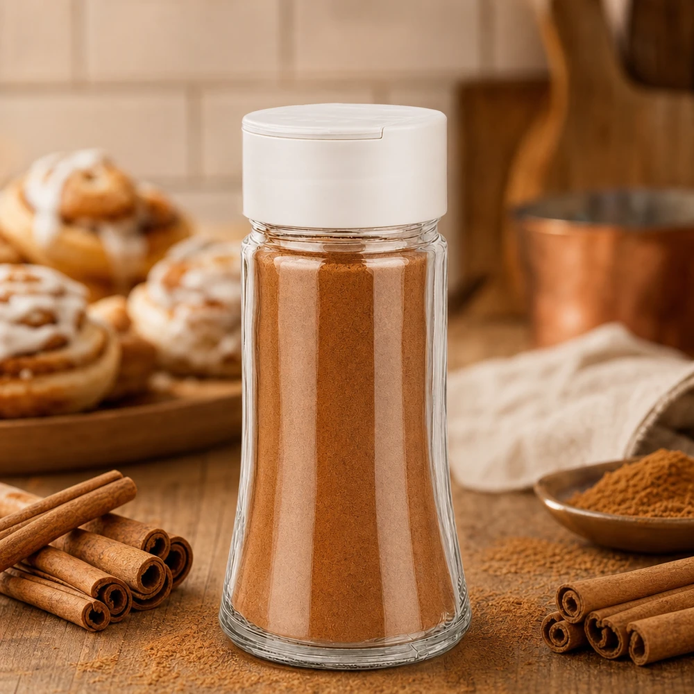 Pot à épices de 95 ml rempli de cannelle, avec un saupoudreur double blanc, à côté de bâtons de cannelle et de brioches à la cannelle