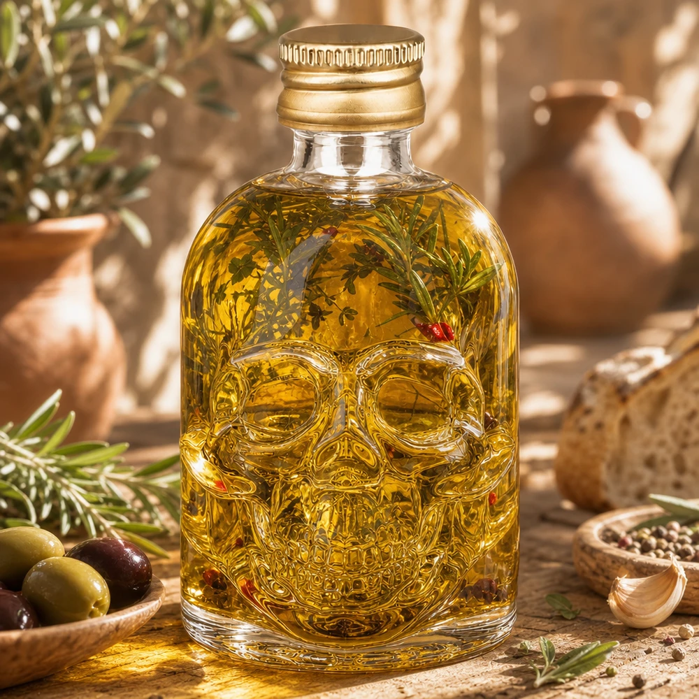 Bouteille en verre Hector 50ml remplie d'huile aux herbes et décoration au romarin dans un décor méditerranéen d'huile d'olive