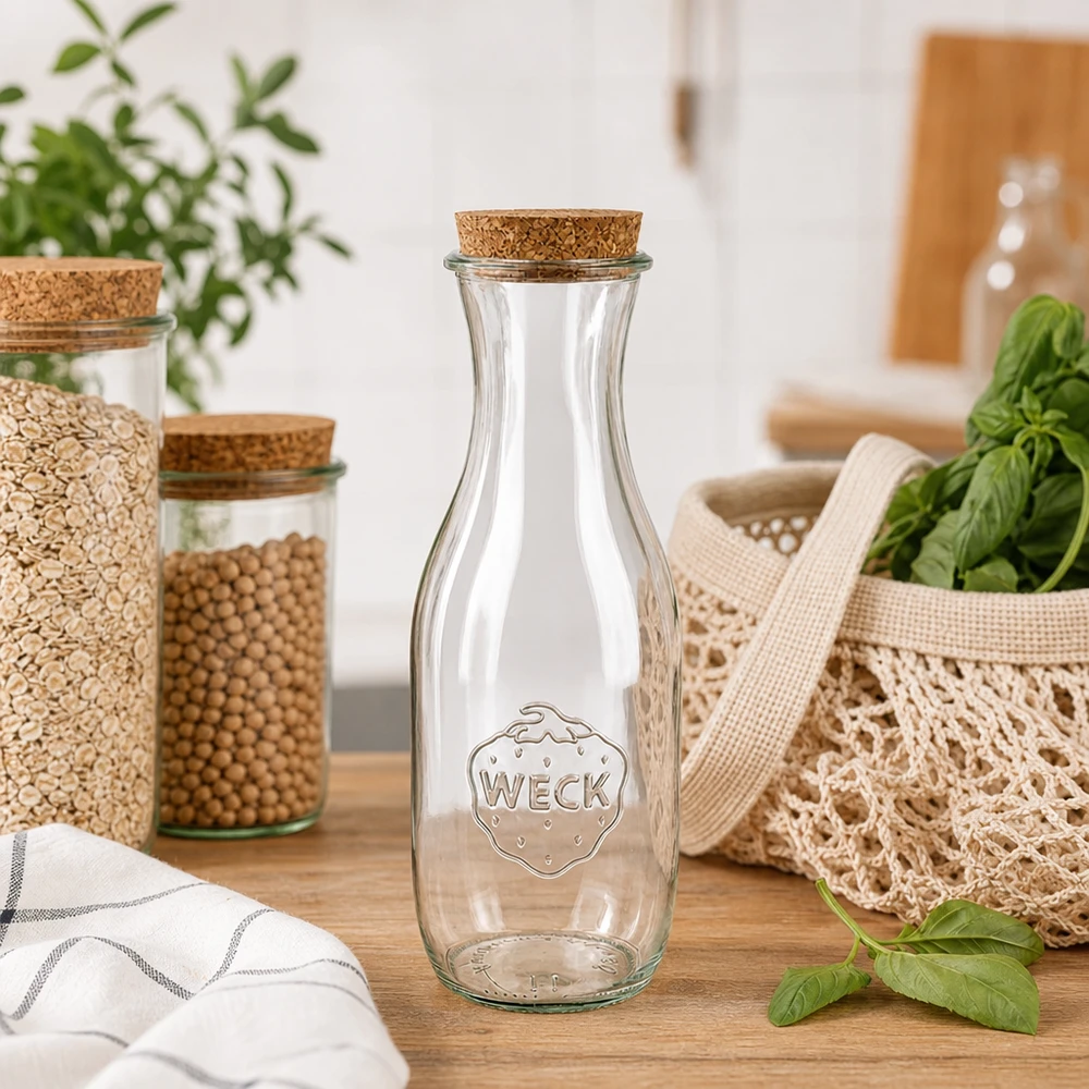 WECK Bouteille de jus de fruit 1062ml RR60 avec bouchon naturel dans la cuisine durable Zero Waste à côté des bocaux à provisions et des sacs en jute