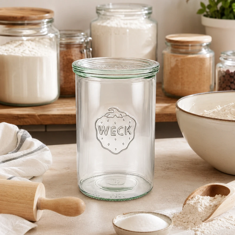 WECK Verre renversé 1000ml RR100 vide dans une cuisine claire entre des boîtes de stockage avec de la farine et des ustensiles pour la pâtisserie