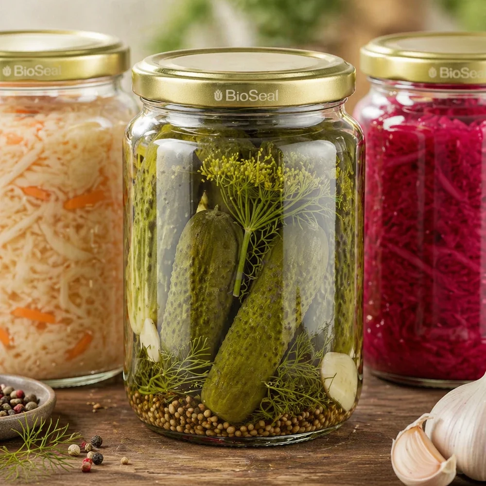 Pot à miel 1000 g avec couvercle doré BioSeal UNiTWIST Kit de pots de miel BioSeal de 1000 g avec cornichons marinés Choucroute et confiture montre de multiples applications de mise en conserve