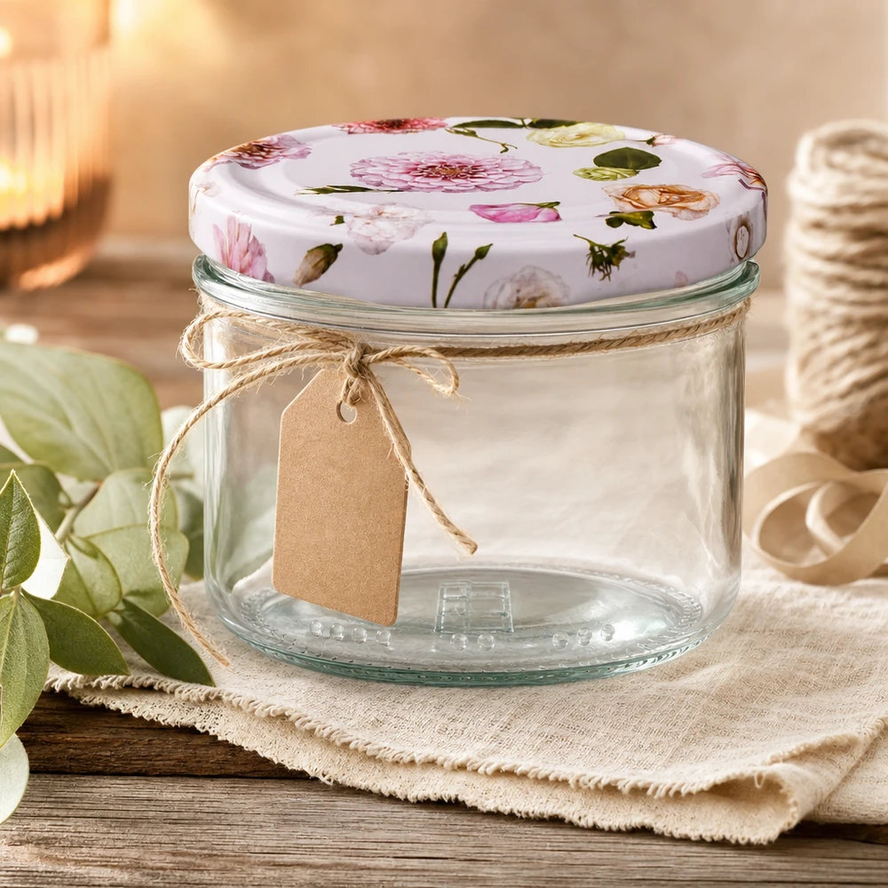 Pot cylindrique de 230 ml + couvercle BasicSeal rose fleur Pot de conservation vide de 230ml avec couvercle à fleurs et pendentif en papier kraft - pot de conservation décoratif sur fond en bois