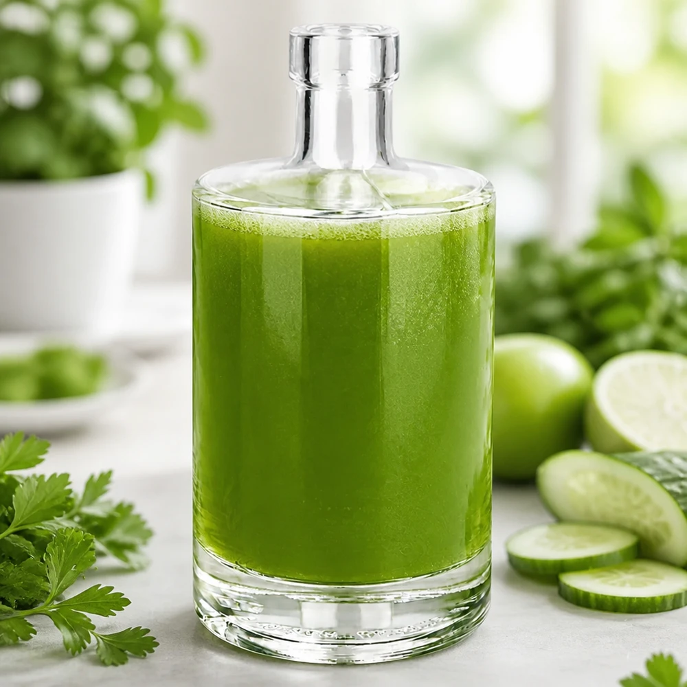 Bouteille en verre Marie de 500 ml remplie de smoothie vert entouré de concombres et d'herbes pour inspirer des boissons saines.