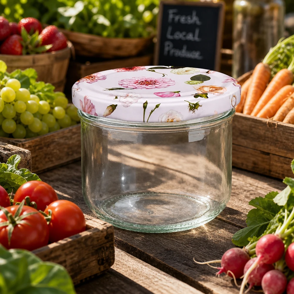 Verres de 260 ml + couvercle BasicSeal fleur rose UNiTWIST Bocal vide de 260 ml avec couvercle à fleurs roses entre des légumes frais - bocal polyvalent pour une ambiance de marché.