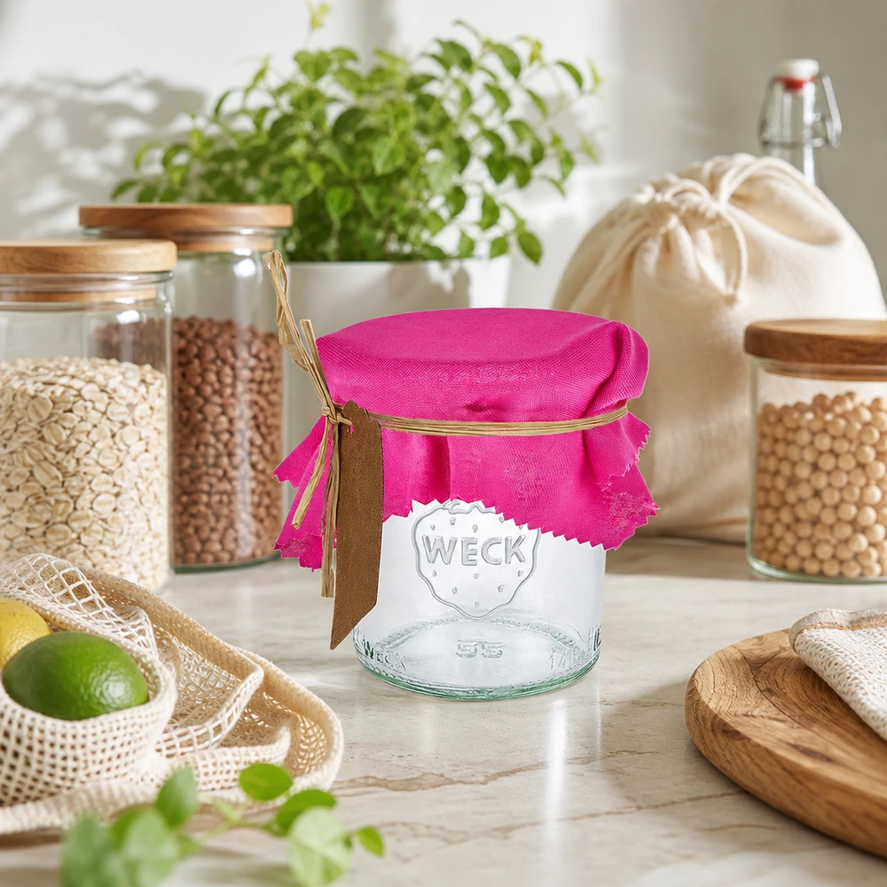 Cache-bijoux en tissu rose 12cm carré sur bocal de conservation dans la cuisine durable Zero Waste avec bocaux de conservation
