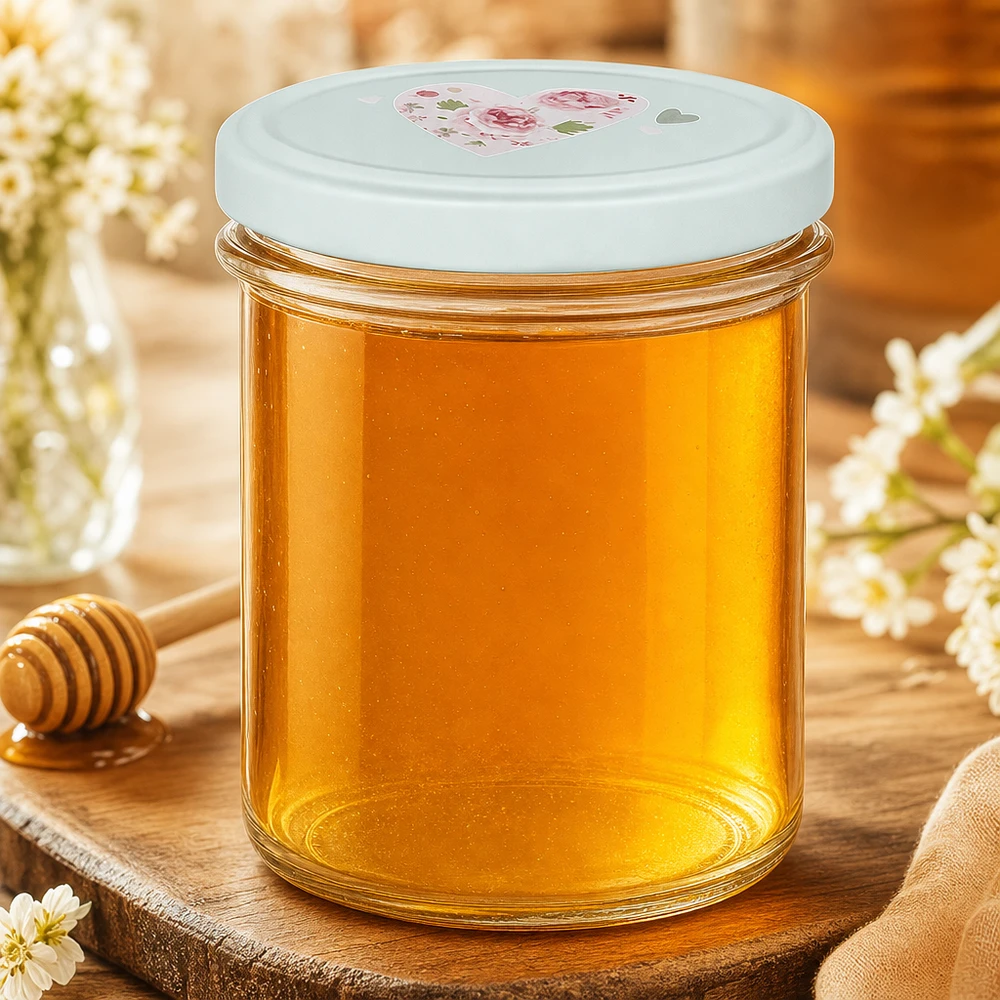 Verres de 350 ml + couvercle BasicSeal cur menthe UNiTWIST Pot renversé de 350 ml avec couvercle BasicSeal Cœur menthe rempli de miel jaune doré sur planche en bois avec cuillère à miel et fleurs