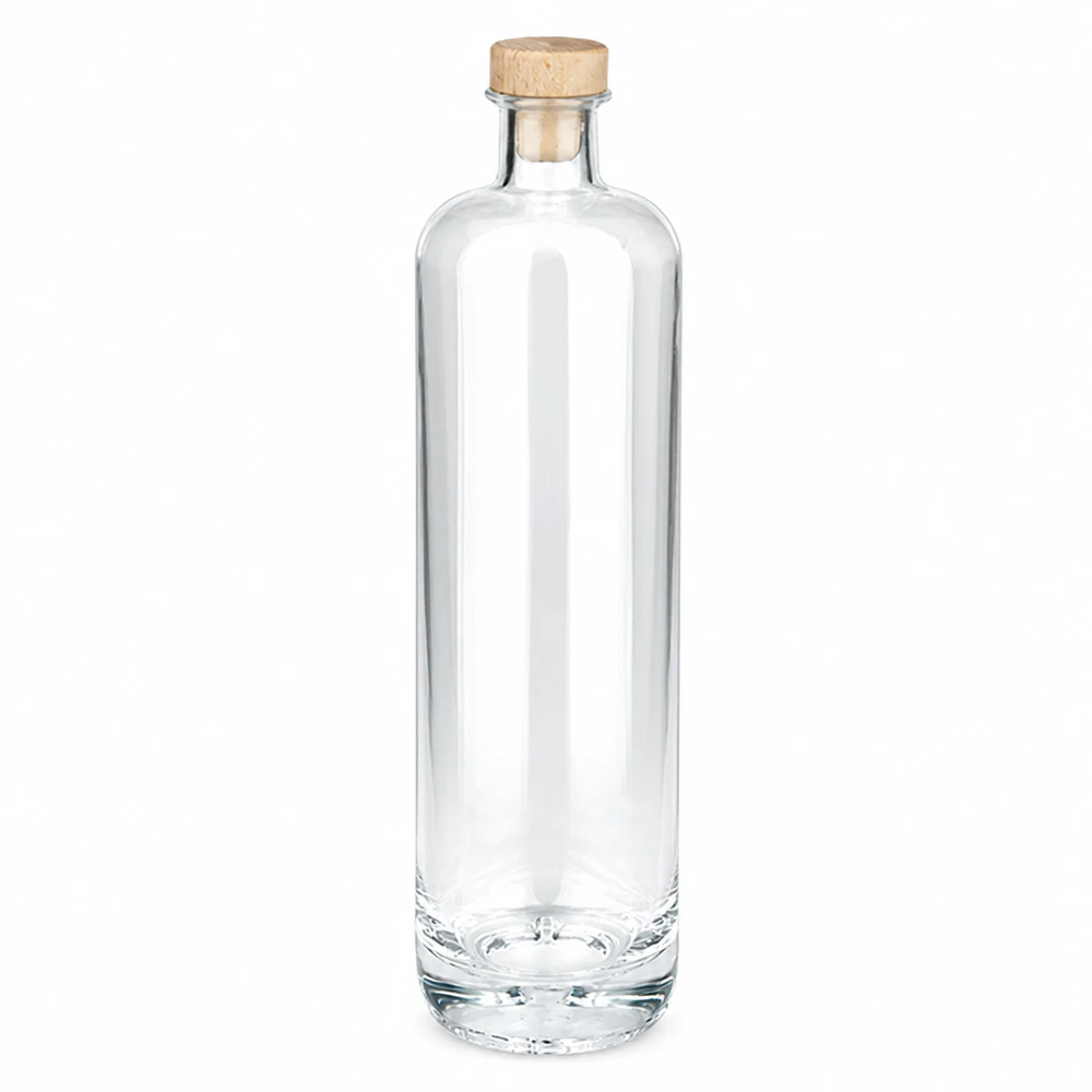 Bouteille en verre 700 ml « Ella » avec bouchon en bois UNiTWIST® Bouteille en verre de 700ml Ella avec bouchon à poignée en bois UNiTWIST transparent vide Photo du produit sur fond blanc