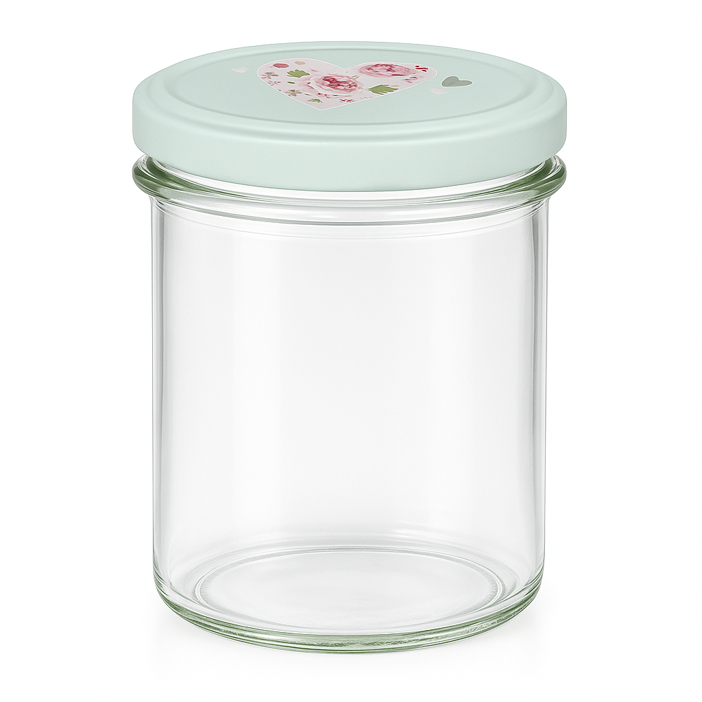 Sturzglas 350ml mit mintgrünem BasicSeal Deckel und Herzmotiv, leeres Einmachglas für Marmelade und Vorratshaltung