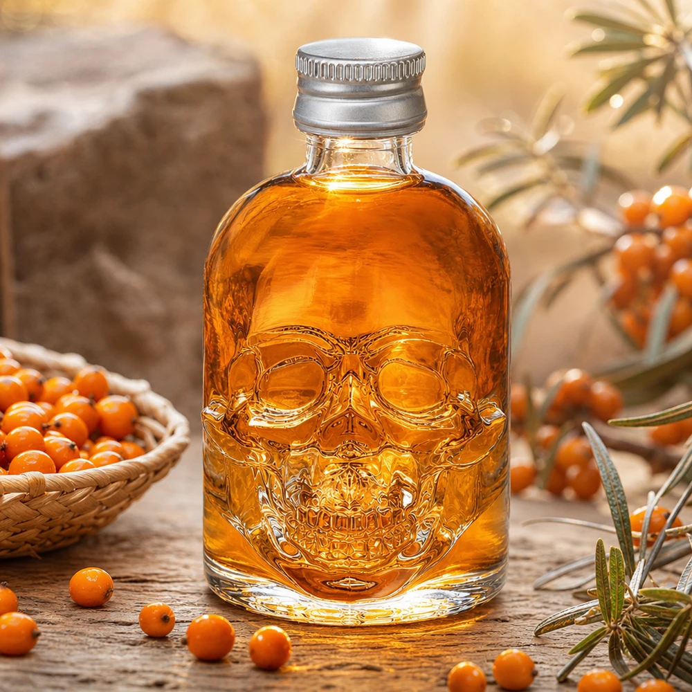 Bouteille en verre Hector de 50 ml remplie de liqueur d'argousier entre des baies orange et des éléments décoratifs dans une atmosphère chaleureuse