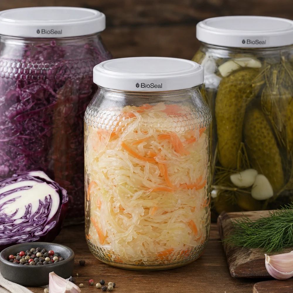 Pot à miel 1260 g avec couvercle blanc BioSeal UNiTWIST Pot de miel de 900 ml avec couvercle BioSeal rempli de choucroute fermentée à côté de chou rouge mariné et d'épices