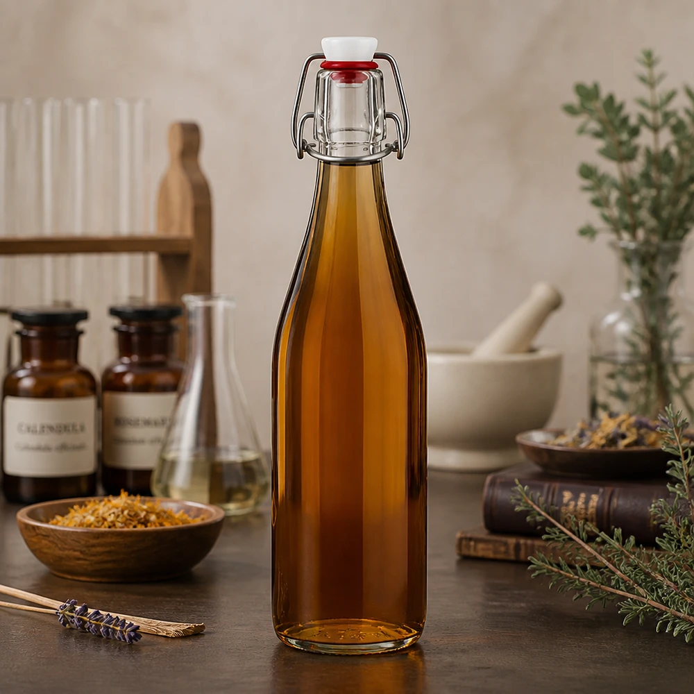 Bouteille en verre de 500 ml + bouchon mécanique PVC UNiTWIST 500ml Glasflasche Bügelverschluss amber braun apotheker Design mit Naturkräutern Heilpflanzen vintage Küche nostalgisch