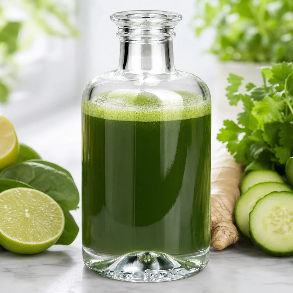 Bouteille en verre Sofia de 100 ml remplie de jus de légumes verts à côté de concombre citron vert gingembre et d'herbes sur fond blanc