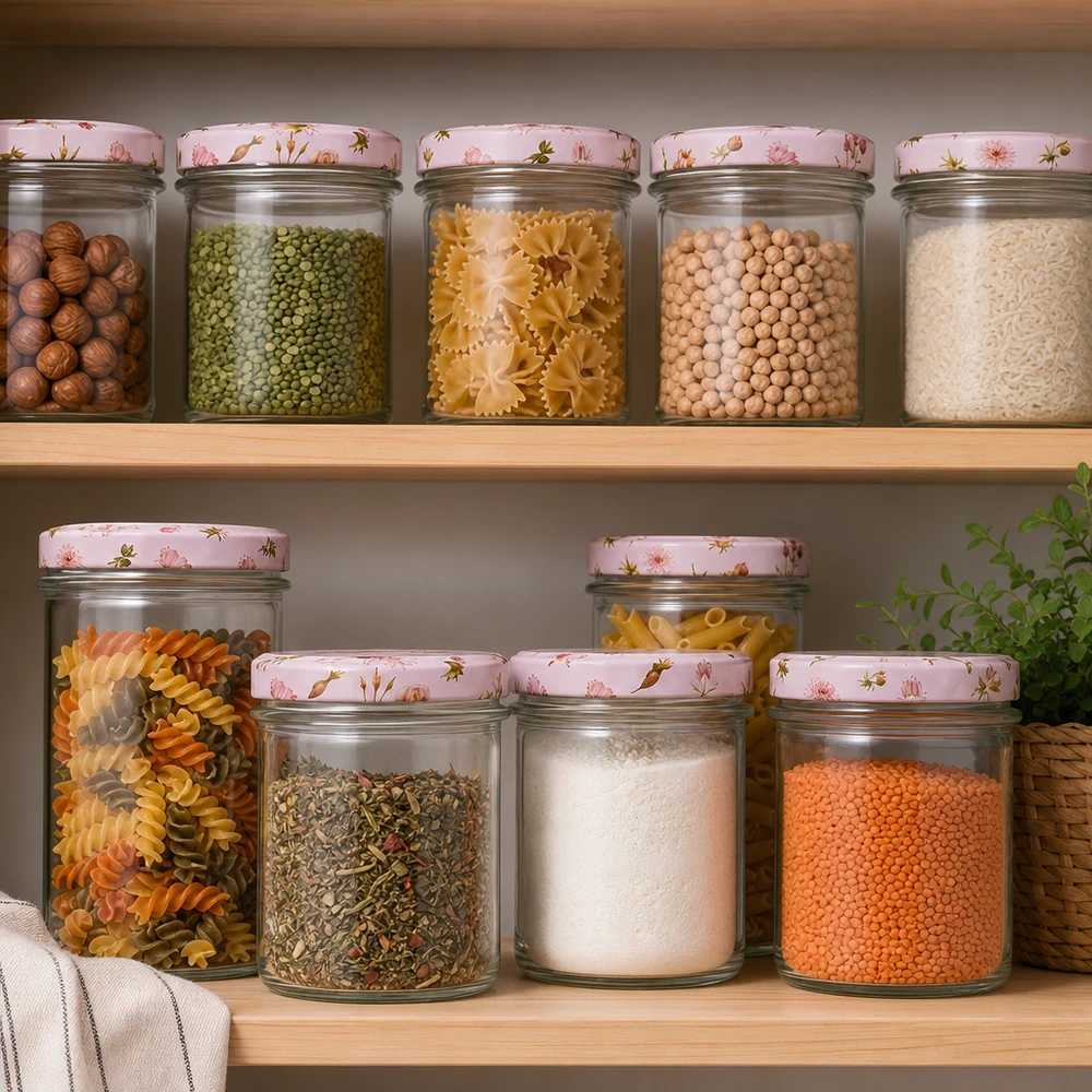 Bocaux à provisions 350ml avec couvercle à fleurs roses remplis de pâtes de noix de légumineuses sur étagère de cuisine conservation