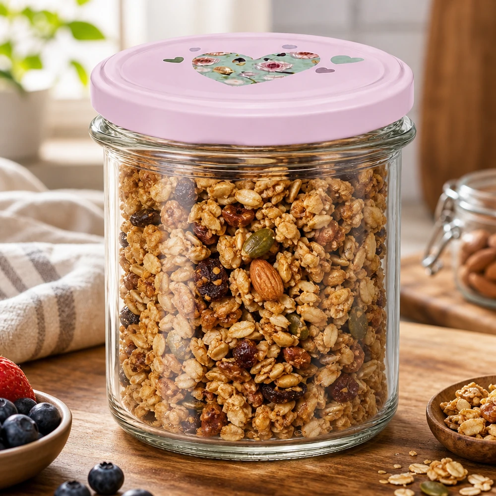 350ml pot renversé rose couvercle en forme de coeur rempli de muesli noix granola petit déjeuner snacks sains stockage