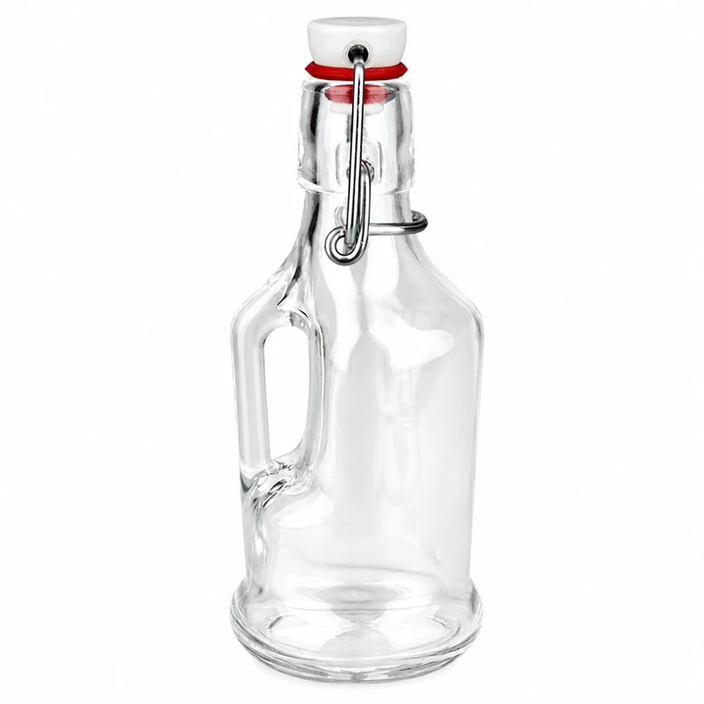 Bouteille en verre 200 ml « Bertha » et bouchon en porcelaine UNiTWIST® Bouteille en verre Bertha de 200 ml avec bouchon à étrier en porcelaine blanche et anse de UNiTW sur fond blanc