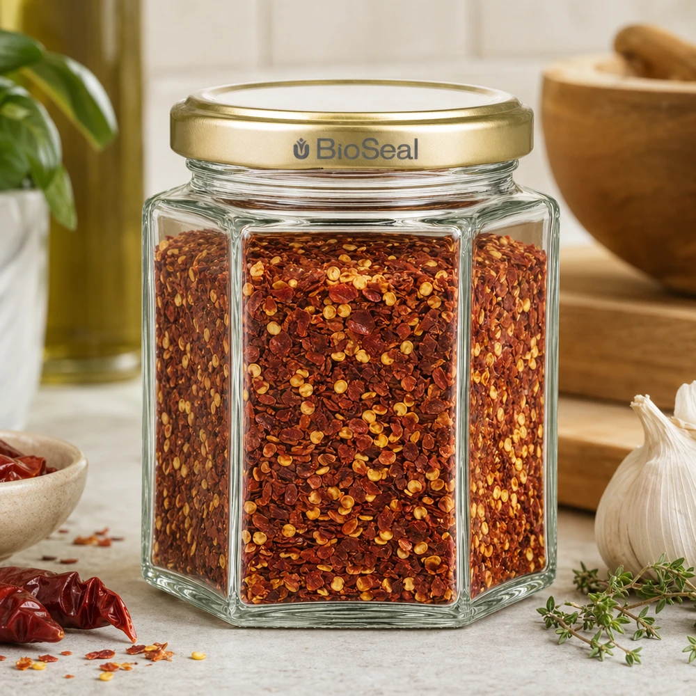 Pot à miel 250 g avec couvercle doré BioSeal UNiTWIST Pot de miel hexagonal de 250g rempli de mélange d'épices au chili Couvercle doré BioSeal Ambiance cuisine avec ail thym