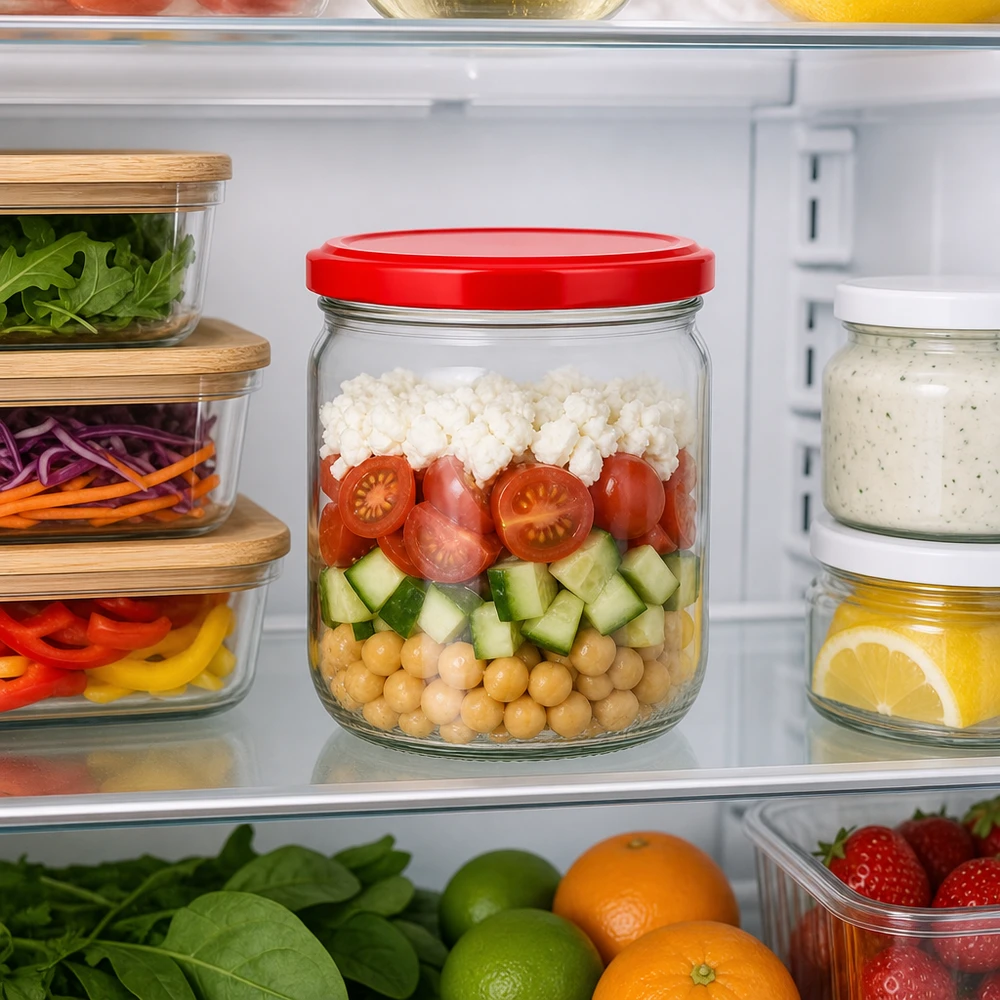 425ml Verre rond avec couvercle BasicSeal rouge UNiTWIST 425ml Rundglas mit rotem BasicSeal Deckel für Meal Prep im Kühlschrank - UNiTWIST Glas mit Schichtsalat