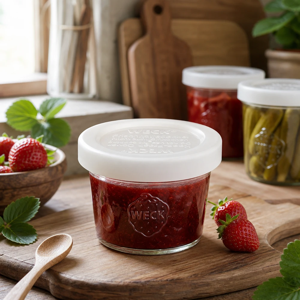 WECK Pot renversé 35ml RR40 rempli de confiture de fraise sur planche en bois, exemple d'utilisation pour petits pots de conservation