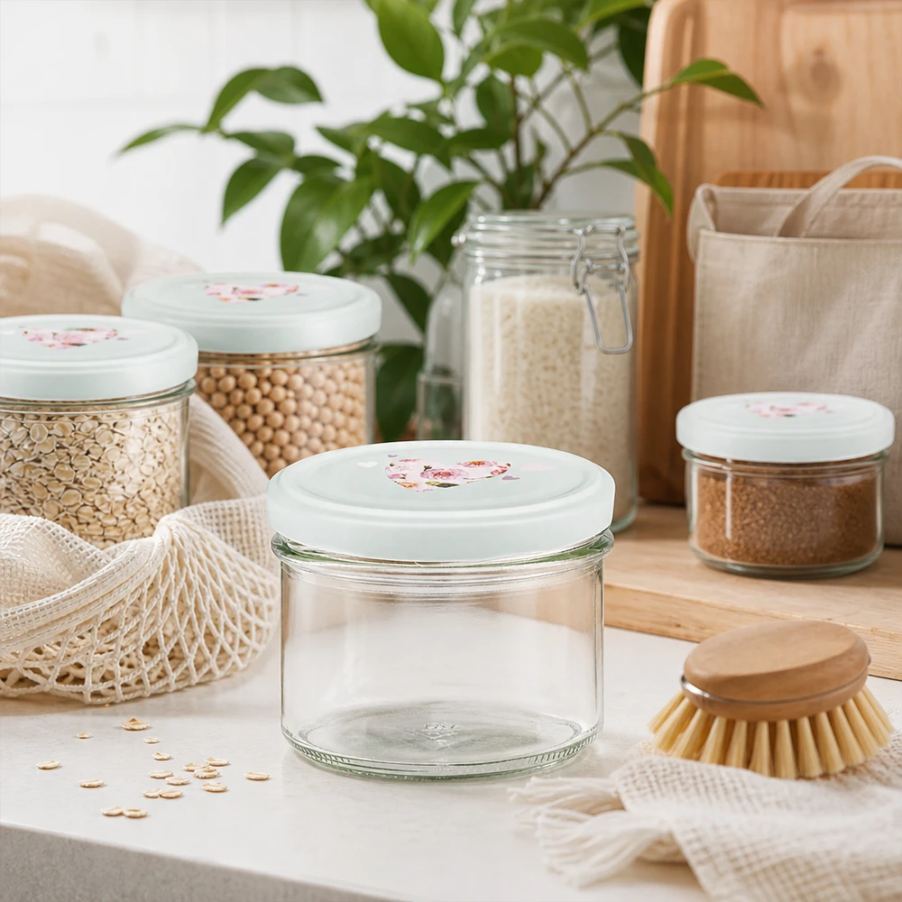 Verres de 225 ml + couvercle BasicSeal cur menthe UNiTWIST 225ml pot renversé avec couvercle en forme de cœur BasicSeal menthe dans la cuisine durable Zero Waste avec bocaux à provisions et sac en jute