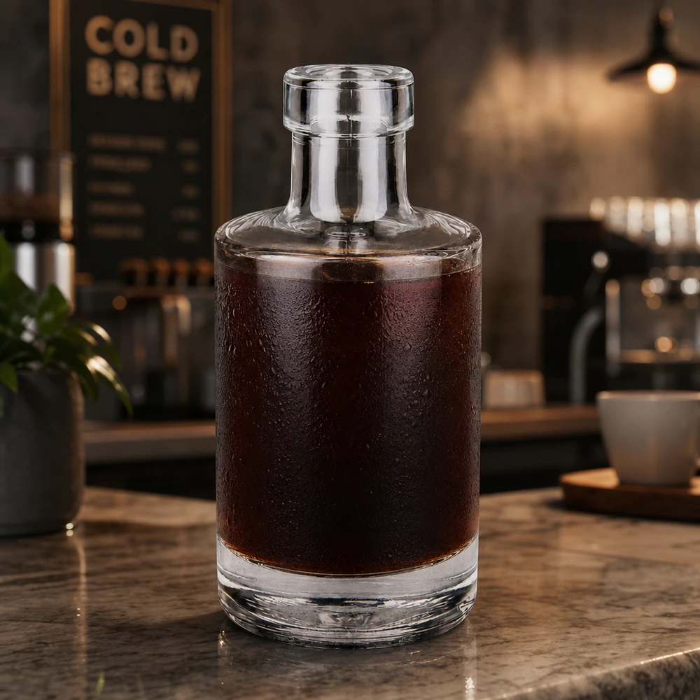 Bouteille Marie en verre 200 ml « » sans bouchon UNiTWIST® Bouteille en verre Marie de 200 ml remplie de café Cold Brew dans une atmosphère de café moderne Exemple d'utilisation Coffee Shop